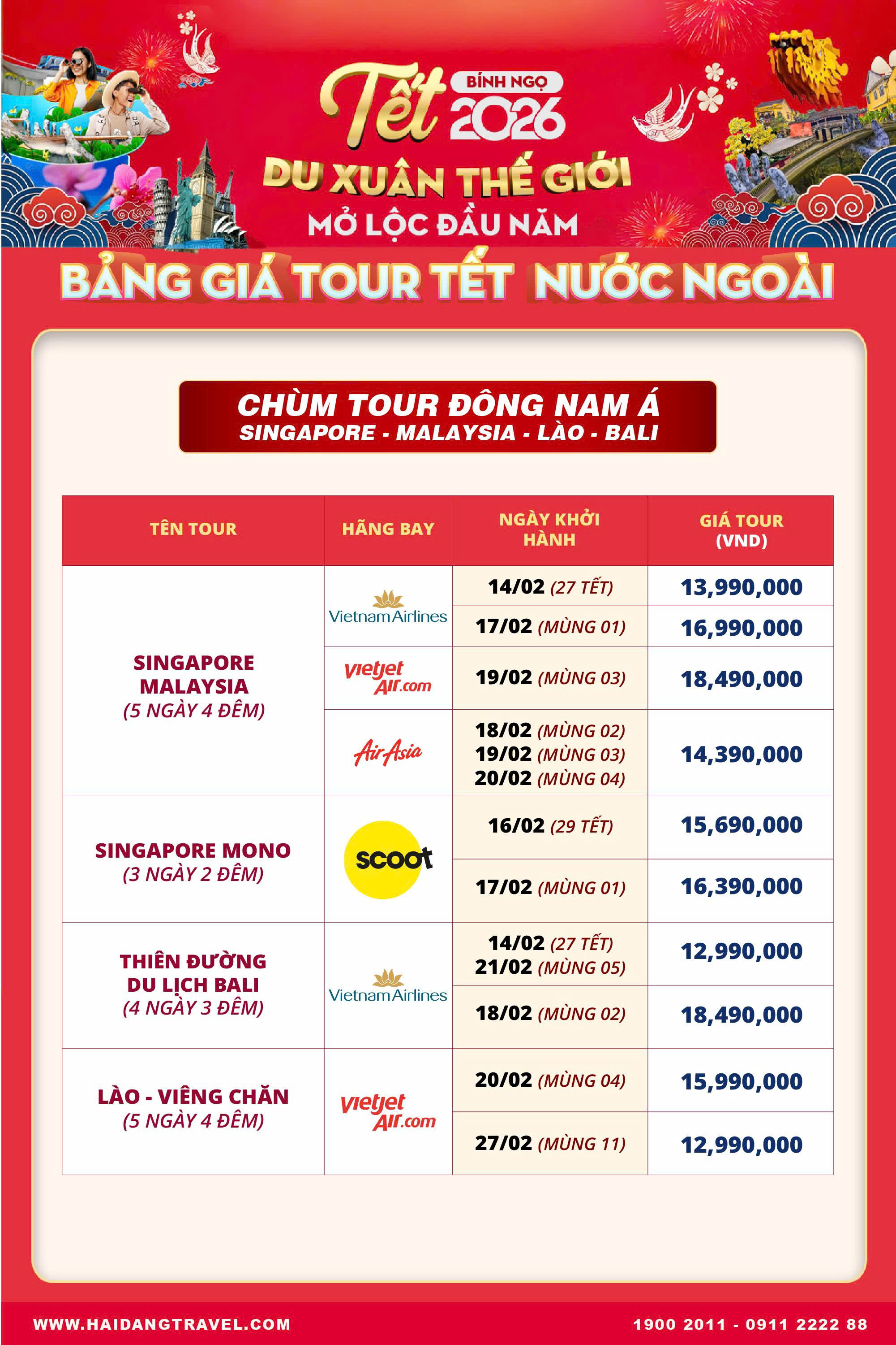 Bảng giá tour tết Đông Nam Á tại Hải Đăng Travel Bảng giá tour tết Đông Nam Á
