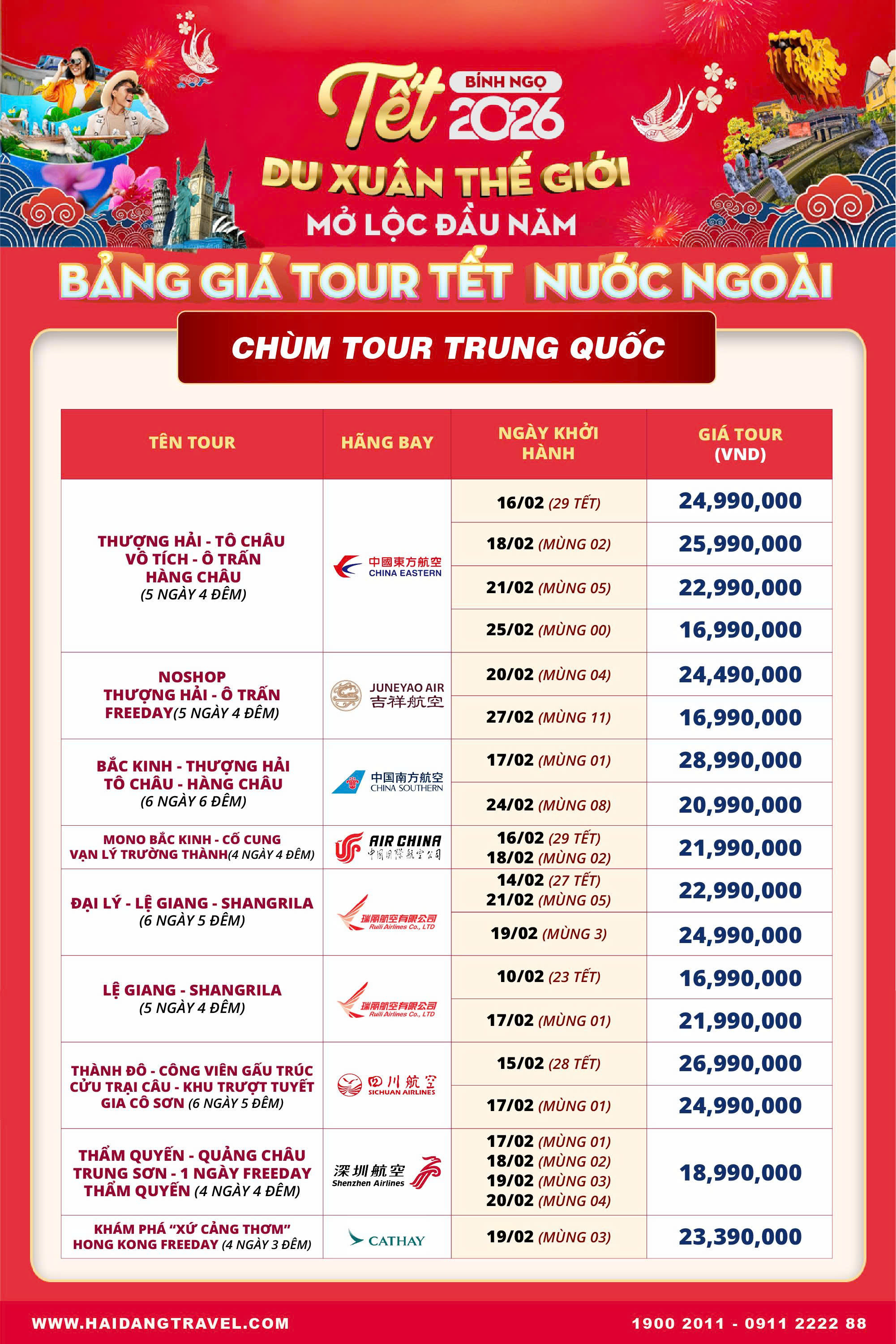 Bảng giá tour Tết Trung Quốc 2026 tại Hải Đăng Travel Bảng giá tour Tết Trung Quốc 2026